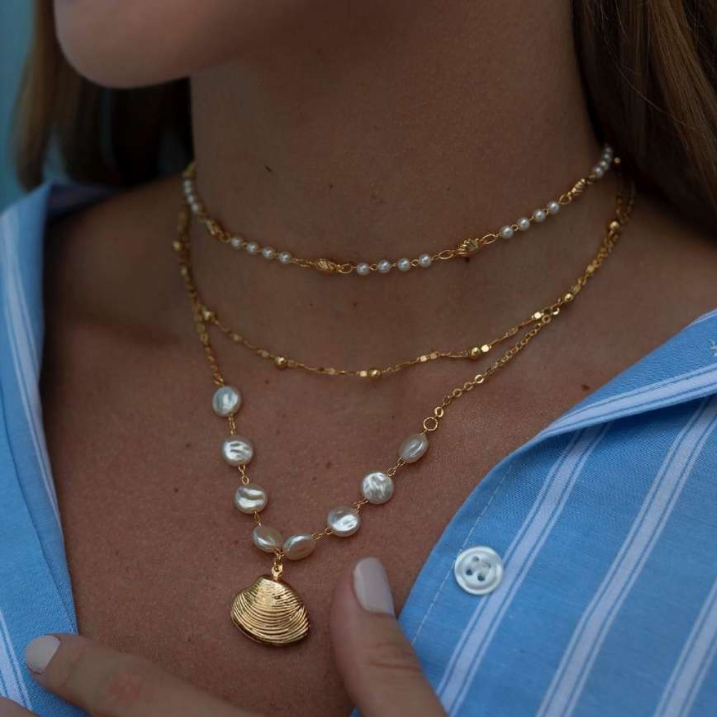 Colar Choker Perola e Concha Ouro 18K
