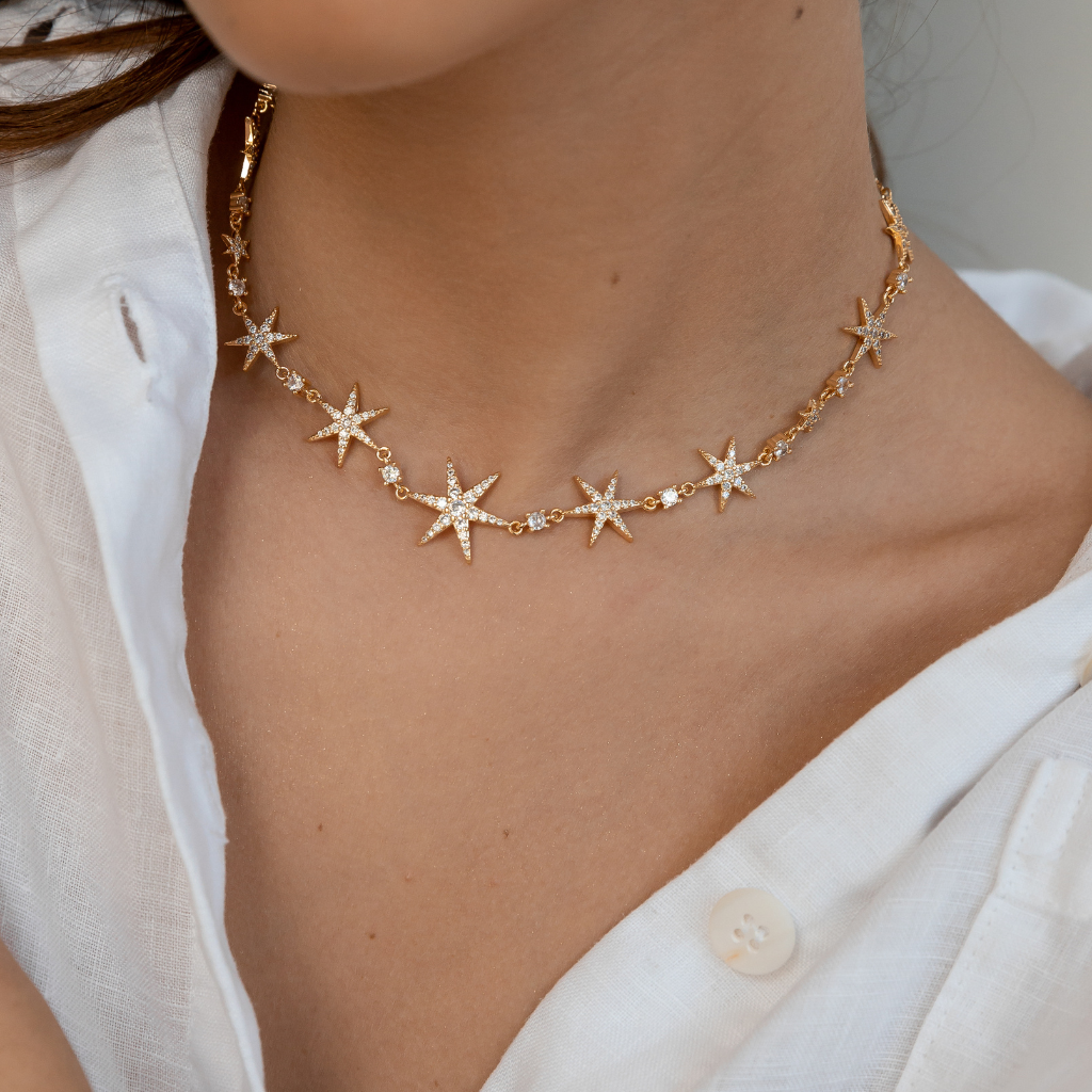 Choker Estrelas Cravejada Banhado a Ouro 18K